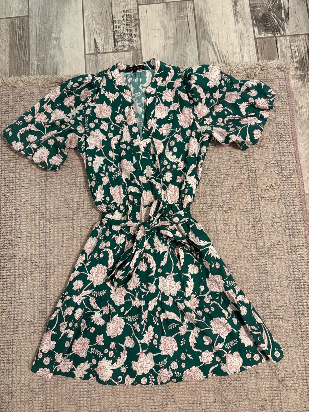 Gibson Green Floral Mini Wrap Dress with Pink Roses